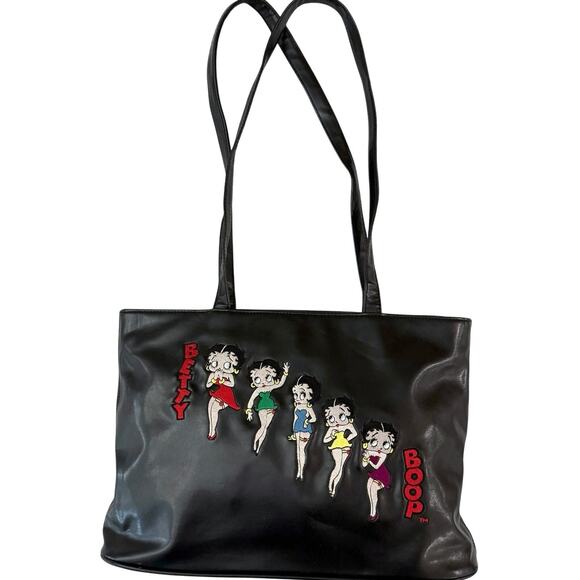 Betty Boop Shoulder Bag Tote Black Embroidered Double Handle Zip Closure - Picture 1 of 16